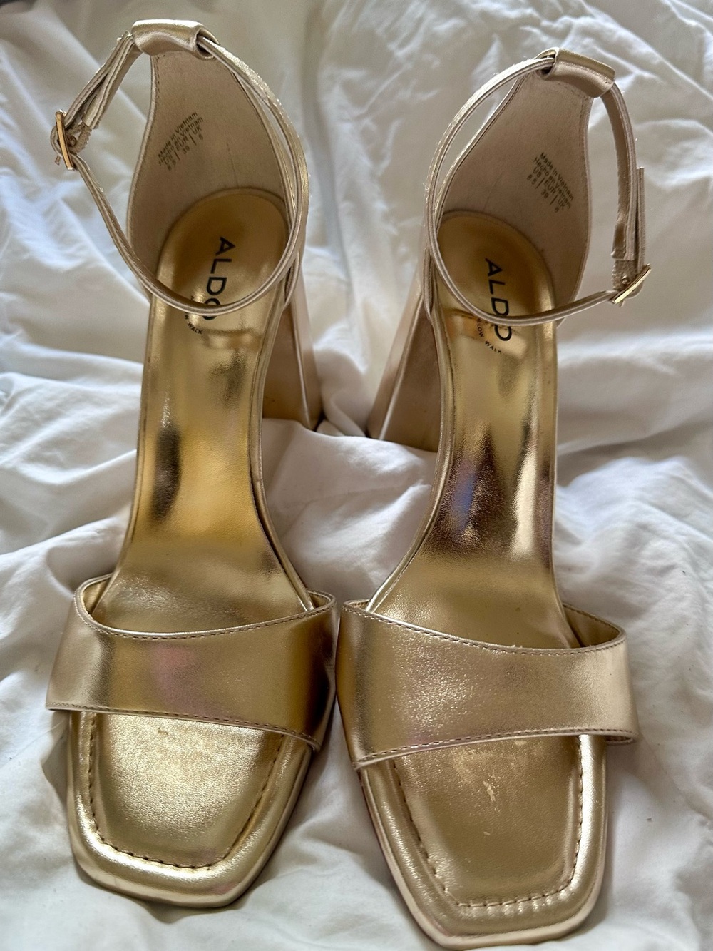 ALDO Gold Metallic Square-Toe Ankle-Strap Block Heels